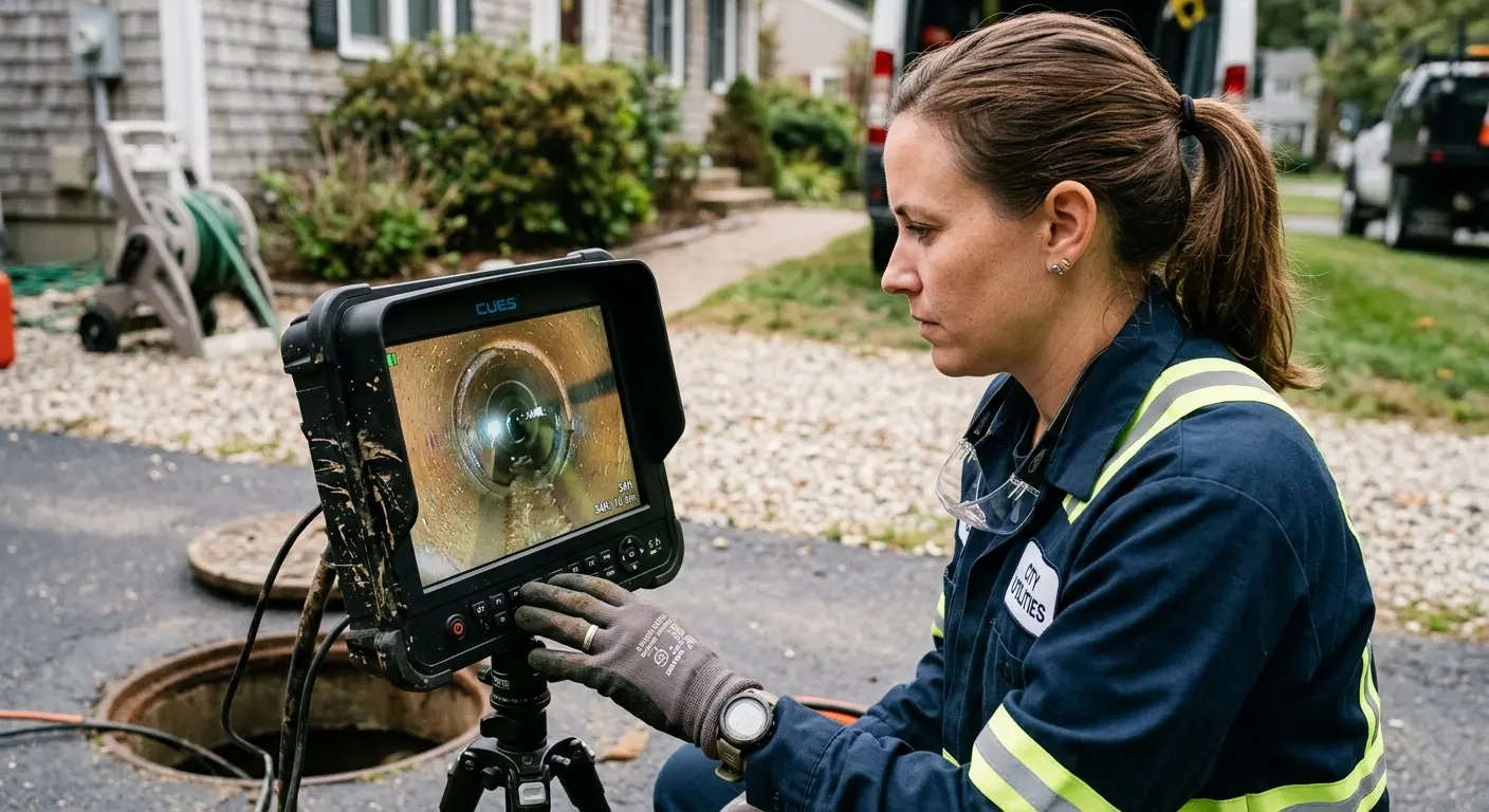 Technician reviewing sewer camera inspection footage in Horseshoe Bay