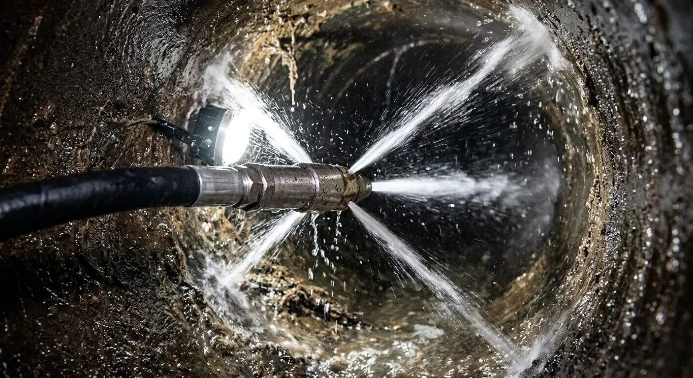 High-pressure hydro jetting nozzle cleaning sewer pipe for Sewer Cleanout in Horseshoe Bay