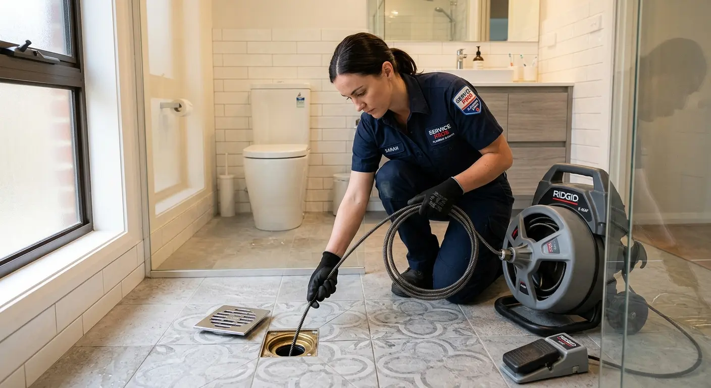 Technician clearing a bathroom floor drain for Drain Cleaning in Horseshoe Bay